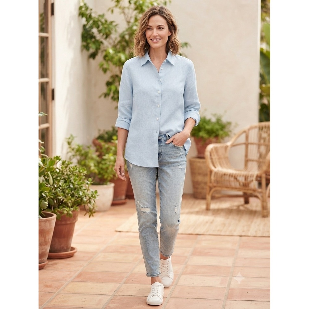 Liz Claiborne Button Down Women XL Blue Excellent 100% Linen Long Sleeve Shirt